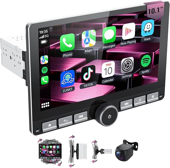 Haudio 10.1" 360° Rotatable Touchscreen Car Stereo with Wireless CarPlay & Android Auto, Features GPS Navigation, DSP Hi-Fi Sound, Voice Control, Backup Camera,1080P Support & APK Management