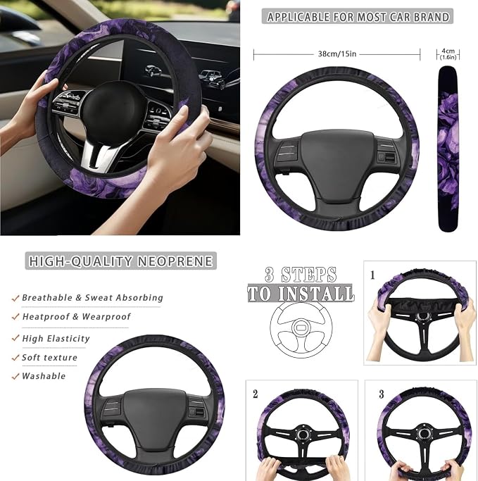 15 Pcs Purple Rose Skull Car Seat Covers Full Set for Women Goth Car Accessories Interior Car Steering Wheel Cover Seatbelt Covers Trash Bin Rear View Mirror Cover Cup Holders Keychain