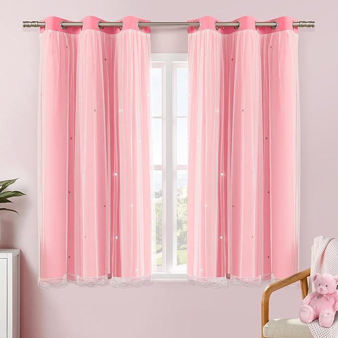 XiDi Pink Curtains with Sheer Overlay for Girls Bedroom 2 Panels Blackout Double Layer Curtains 45 Inches Length for Kids Princess Nursery Room Star Cut Out Grommet Small Window Drapes W34 X L45