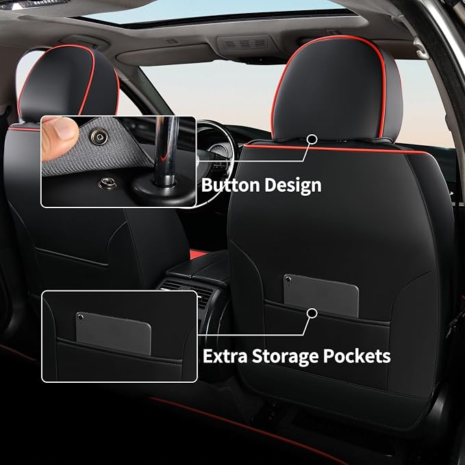 FLORICH Front Seat Covers, Luxury Car Seat Cover with Waterproof Leather, Automotive Vehicle Seat Covers for Cars Trucks Vans SUVs Sedans (2 Packs, Black&Red Line)