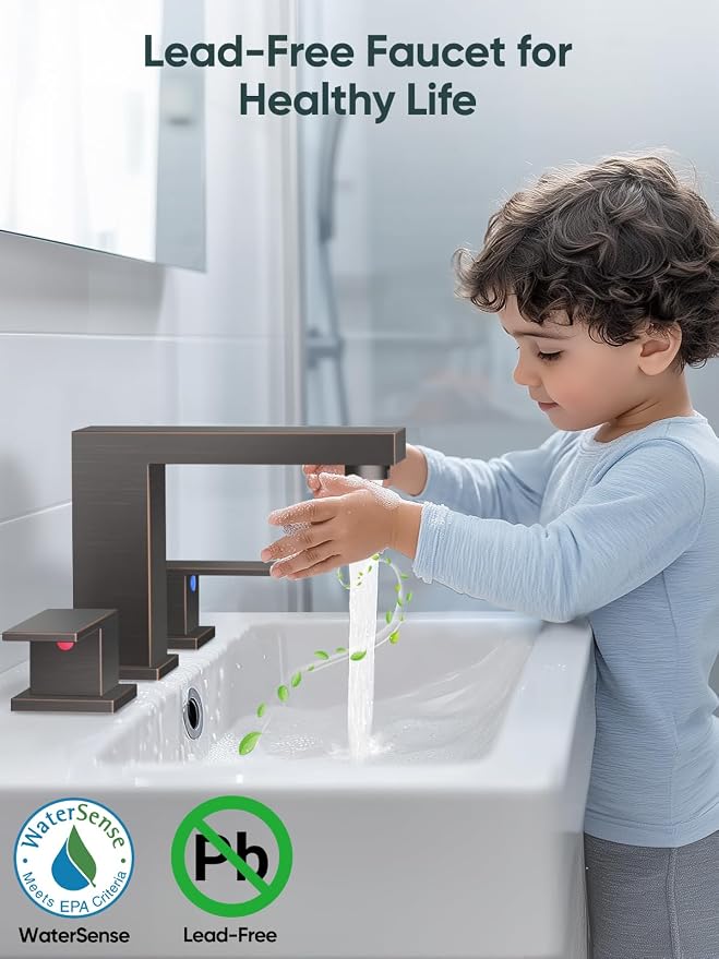 Cobbe Bathroom Faucets for Sink 3 Hole, Oil Rubbed Bronze Bathroom Sink Faucet Square 8 inch Widespread with Pop-Up Drain, 2 Handle and Supply Hoses, Lead-Free Stainless Steel for Vanity Rv, Farmhouse