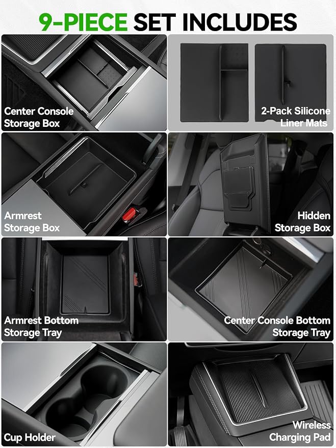 9PCS Center Console Organizer Tray for 2024 2025 2026Tesla Model 3 Accessories, Armrest Hidden Storage Box CupHolder Charger Pad for Tesla Model 3 Highland