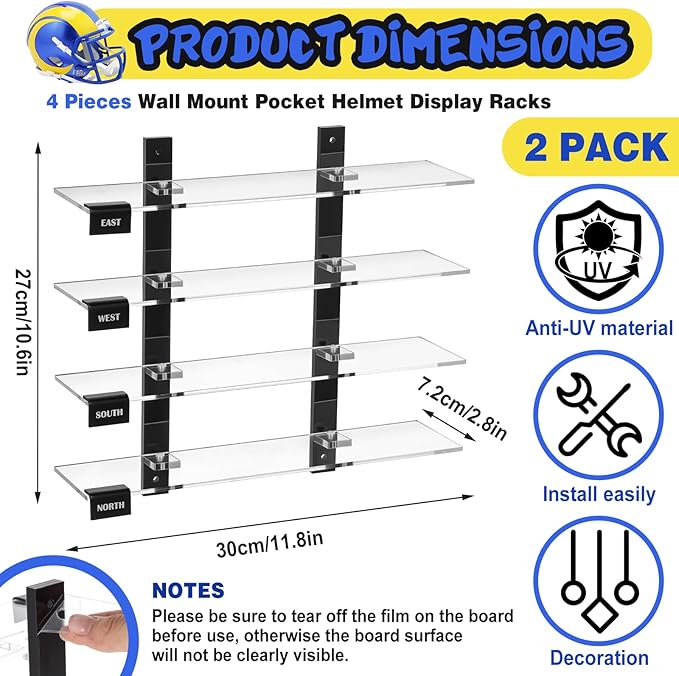 Colingmill 2 Pcs Mini Football Helmet Display Racks Wall Mount Pocket Helmet Storage Acrylic Clear Baseball Stand Display Rack Ideal Gift for Sports Enthusiast, 11.81 x 9.84 x 3.15 Inches