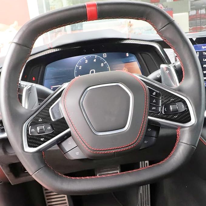 SUNJIKA Compatible with Real Carbon Fiber Steering Wheel Button Frame Cover Trim Interior Accessories For Corvette C8 2020-2024 (Black 2pc）