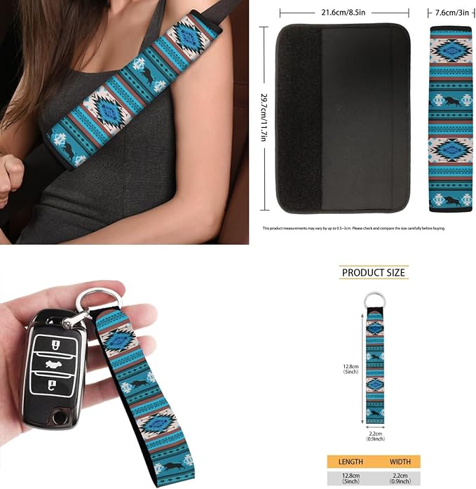 Blue Tribal Horse Car Seat Covers Set of 15 with Universal Steering Wheel Cover, Rearview Mirror Cover, Car Trash Can, Seatbelt Pads, Cup Holder Coasters, Keychains