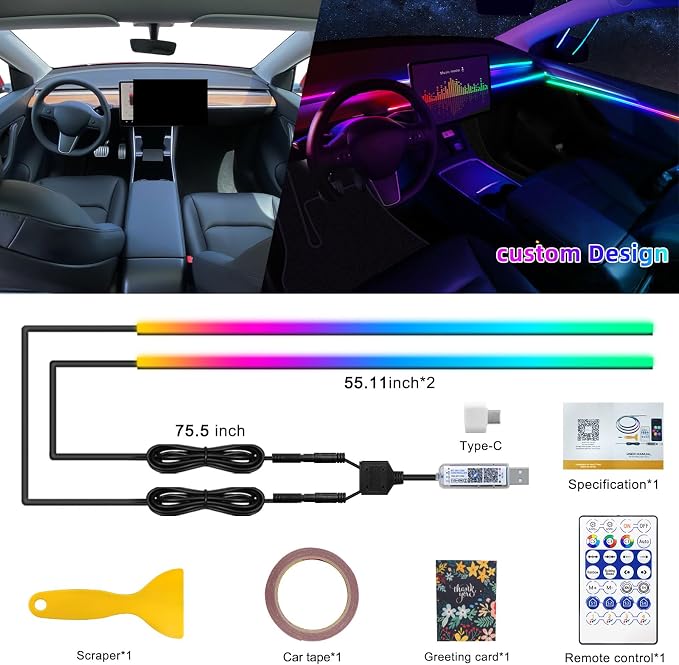 Dreamcolor Acrylic Interior Car LED Strip Light with USB/Type C, RGB 2 in 1 with 110.2 inches LED Strip, Dynamic Chasing Music Sync Neon Ambient Lighting Kits