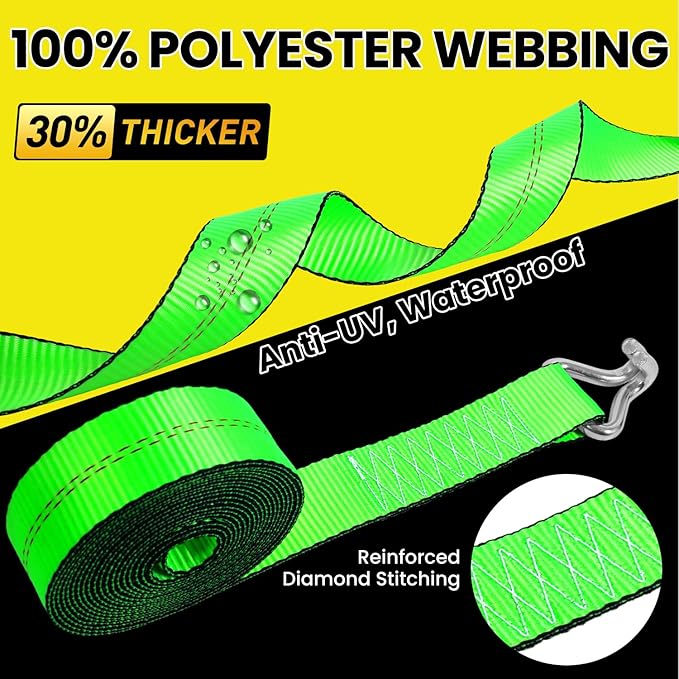 2"x20' Ratchet Straps with J Hooks - 10,000lb Break Strength/ 3,333lb Load Capacity Ratchet Tie Down Strap - Ratchet Straps Heavy Duty - Cargo Straps for Truck, Lawn Equipment, Car Roof, 4 Pack(Green)
