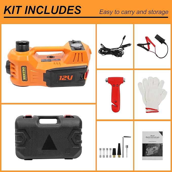 BEETRO Electric Car Jack 5 Ton 12V Hydraulic Jack Kit with Inflator Pump for Car Sedan MPV Tire Changing, Lifting Range 6-17.7''