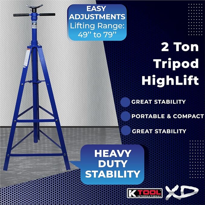 K Tool International XD61002 2 Ton Automotive Under Hoist Tripod Stand for Garages, Repair Shops, and DIY, 4,000lb. Capacity, Support Range 49"-79.75", Heavy Duty Steel, 24" Base, 3.25" Saddle, Blue