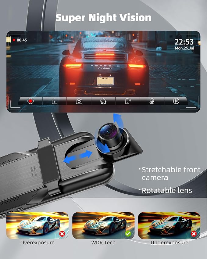 2.5K Mirror Dash Cam with Carplay&Android Auto,10" Rear View Mirror Camera for Cars/Trucks with Voice Control/ 64GB Card/Touch Screen/Parking Monitor/Reverse Assist/Dual Loop Record/WDR Tech