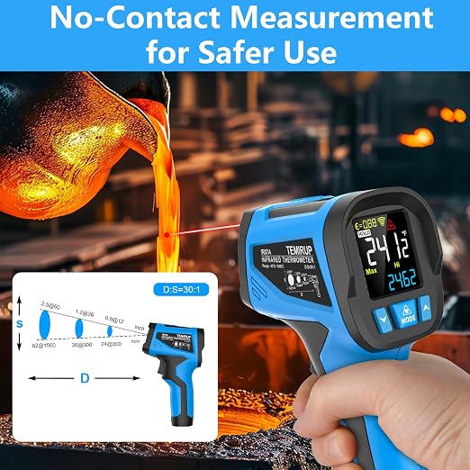 -40℉ to 2462℉, TEMIRUP Infrared Thermometer High Temperature Gun, Non-Contact Digital IR Laser Thermometer with Probe, 30:1 Pyrometer with Color LCD for Cooking, Kiln, Forging, HVAC & Industrial