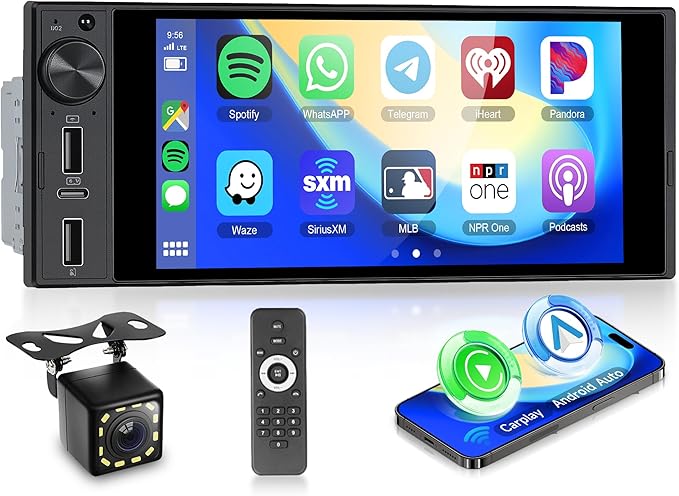 Single Din 6 Inch Incell Touch Screen Car Stereo Wireless CarPlay Android Auto with Backup Camera Mirror Link Bluetooth FM USB EQ SWC
