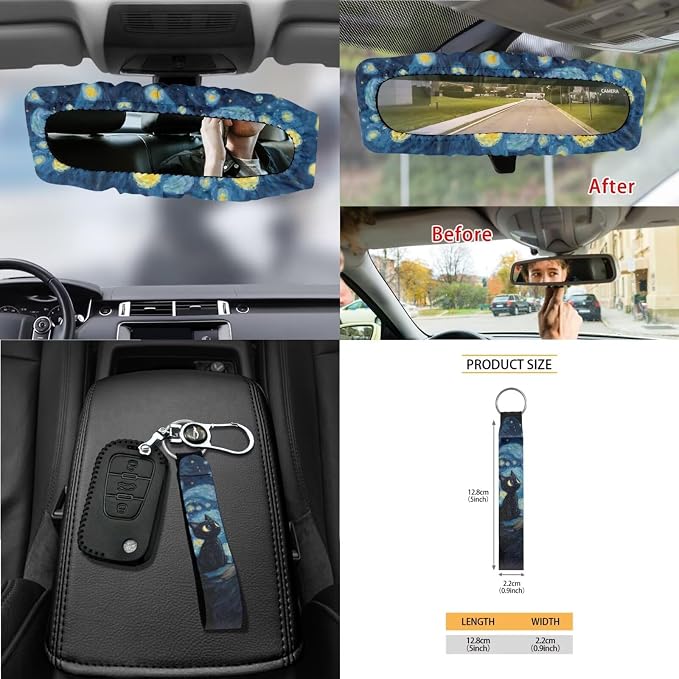 Starry Cat Print 15Pcs Car Interior Cover Set Includes Car Front Rear Seat Covers Steering Wheel Cover Seatbelt Pads Inside Rearview Mirror Protector Garbage Bag Cup Coasters