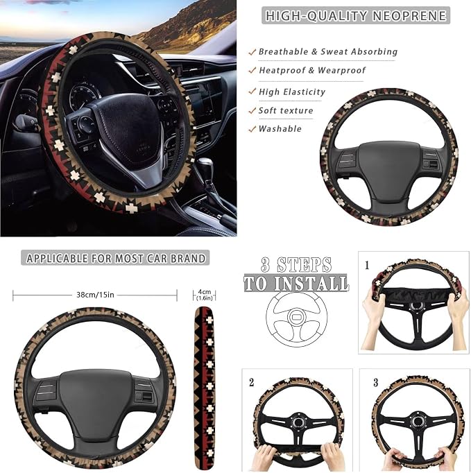 14Pcs Full Set Car Seat Covers Aztec Southwest Front and Rear Split Bench Seat Covers with Steering Wheel Cover Center Console Pad Safety Belt Pads Garbage Bag Cup Mats
