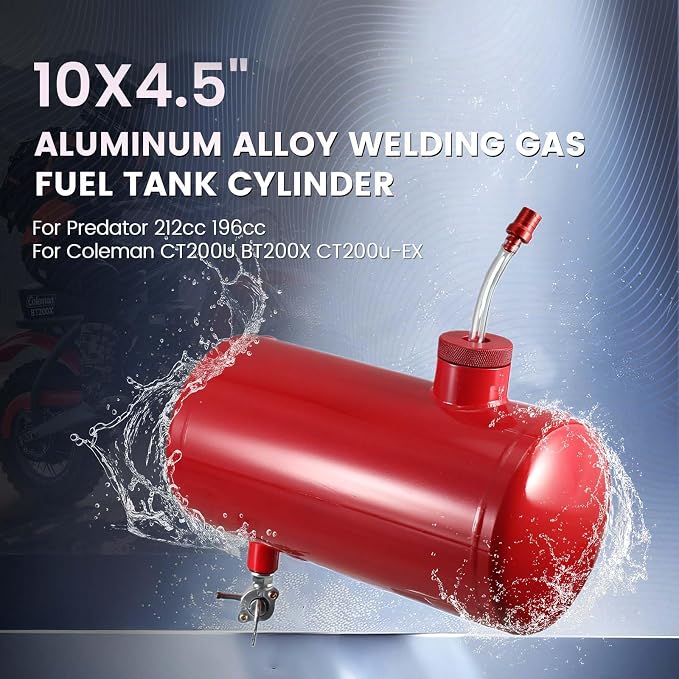 Upgraded 10x4.5" Aluminum alloy welding Gas Fuel Tank Cylinder(Premium Glossy Paint Finish Red) For Predator 212cc 196cc/6.5HP Go Kart and Gas Mini Bike,For Coleman CT200U BT200X CT200u-ex