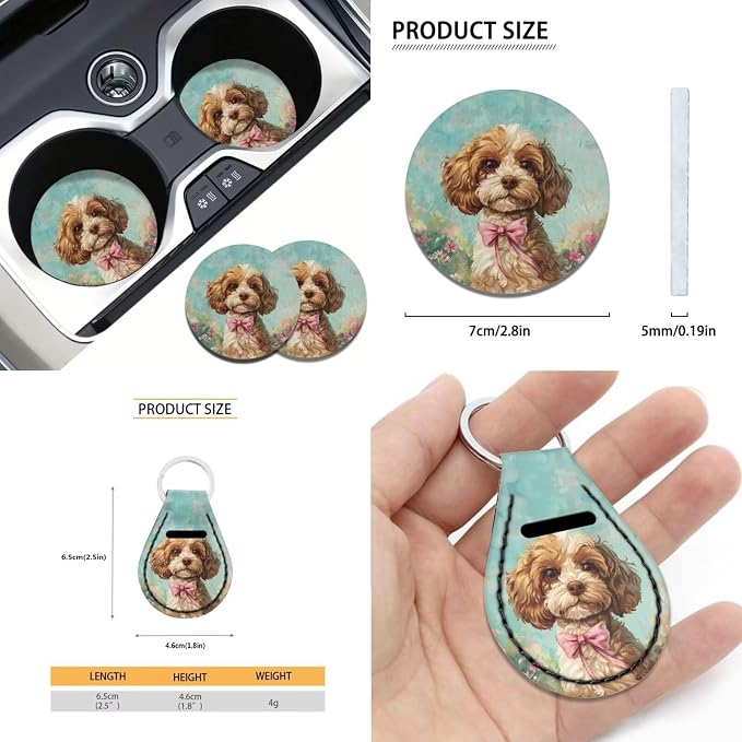 Xoenoiee Poodle Dog Floral Print 11 Pack Car Accessories Interior Seat Cover Full Set, Front Seat Cover, Back Seat Cover, Steering Wheel Cover, Seat Belt Pads, Coasters, Key Chains