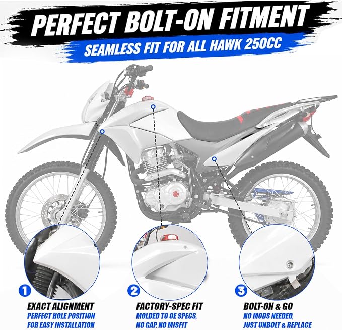Hawk 250 Plastics Fairing Kit (All Years) - Premium PP Dirt Bike Bodywork Replacement with Fenders & Tank Guards - OEM Fitment White