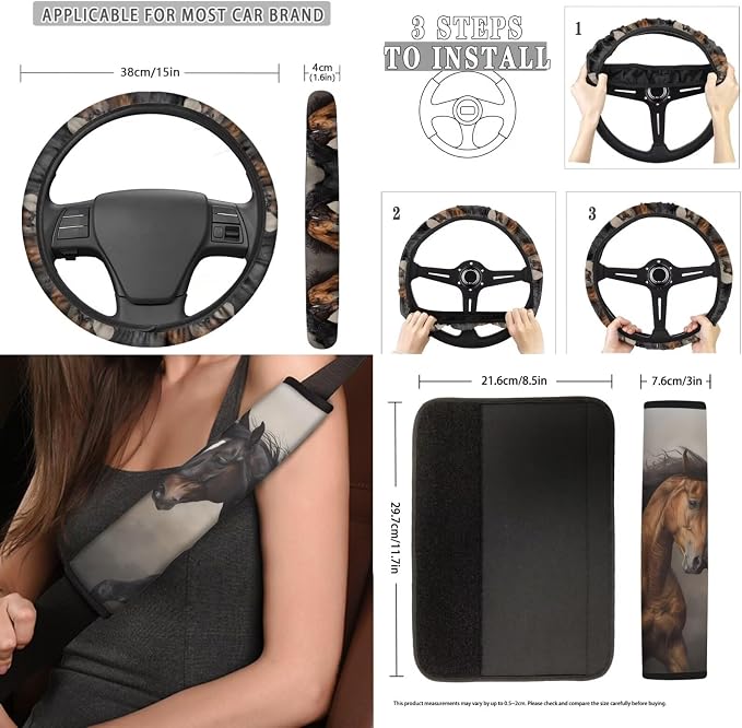 Poceacles Brown Black Horse Car Front Rear Seat Covers Full Set 13 PCS, with Steering Wheel Cover Seat Belt Covers Coasters Keychains Lip Balm Holder Tissue Case for Women Breathable Car Accessories