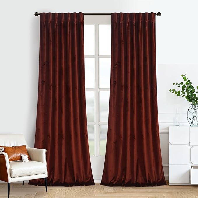 Roslynwood Luxury Soft Burnt Ochre Velvet Curtains 63 inches Long Back Tab Thermal Insulated Blackout Window Drapes for Living Room/Bedroom/Dining Room, W52 x L63, 2 Panels