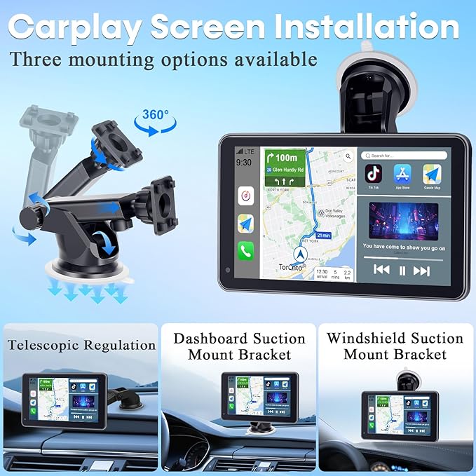 3-Min Easy Install Portable Wireless Carplay Screen: Plug-Play Support Apple CarPlay & Android Auto - 7 Inch HD 1080P Car Touchscreen Upgrade Voice Control GPS Navigation for Commuters & Older Cars