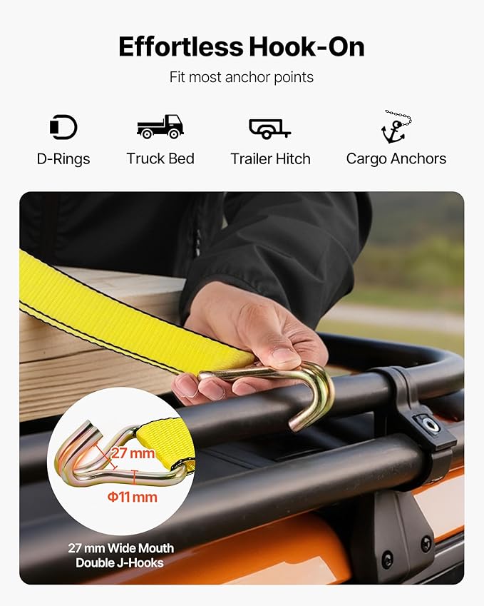 VEVOR Ratchet Tie Down Straps (4-Pack), 10000 lb Break Strength, Heavy Duty Double J Hooks, 2" x 27' with Padded Handles - Ideal for Moving, Securing Cargo, Appliances, Lawn Equipment, and More