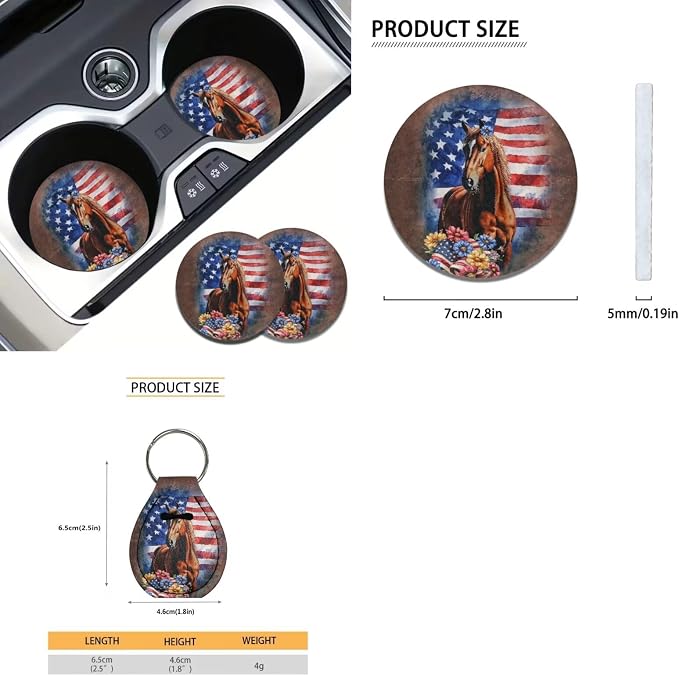 Xoenoiee America Flag Horse Floral Pattern 11 Pcs Universal SUV Car Seat Covers Auto Interior Accessories Full Set with Steering Wheel Covers, Seat Belt Pads, Key Chain, Car Cup Mat