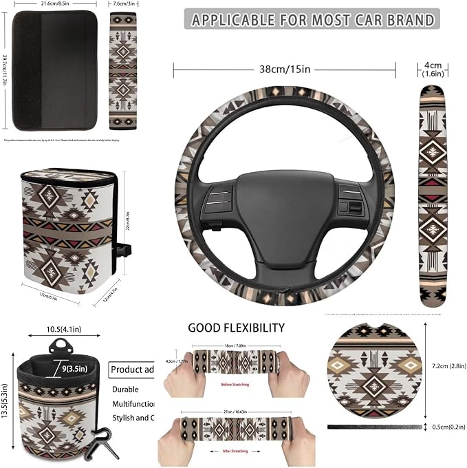 Dreaweet Navajo Seat Covers for Cars Full Set Southwestern Geometric Tribal Steering Wheel Cover Seat Belt Pads Trash Bag Vent Storage Pouch Rear View Mirror Cover Car Coasters Keychain 15 Pcs Set