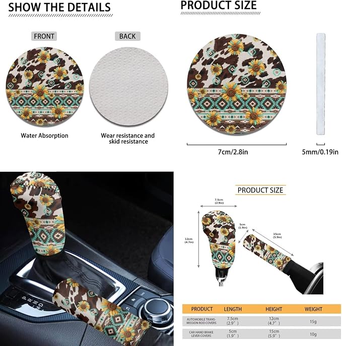 Dreaweet Sunflower Aztec Cow Seat Covers for Trucks SUV Cars Full Set with Car Steering Wheel Cover,Center Console Cover,Car Coasters,Seatbelt Covers,Gear Shift Cover,Handbrake Cover,Set of 12