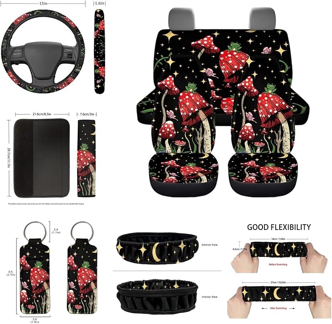 Set of 14 Cute Mushrooms Frog Car Seat Covers Full Set Forest Mushroom Car Seat Covers+Mushroom Steering Wheel+ Coasters+Keychain Mirror Cover+Auto Interior Accessory Protector