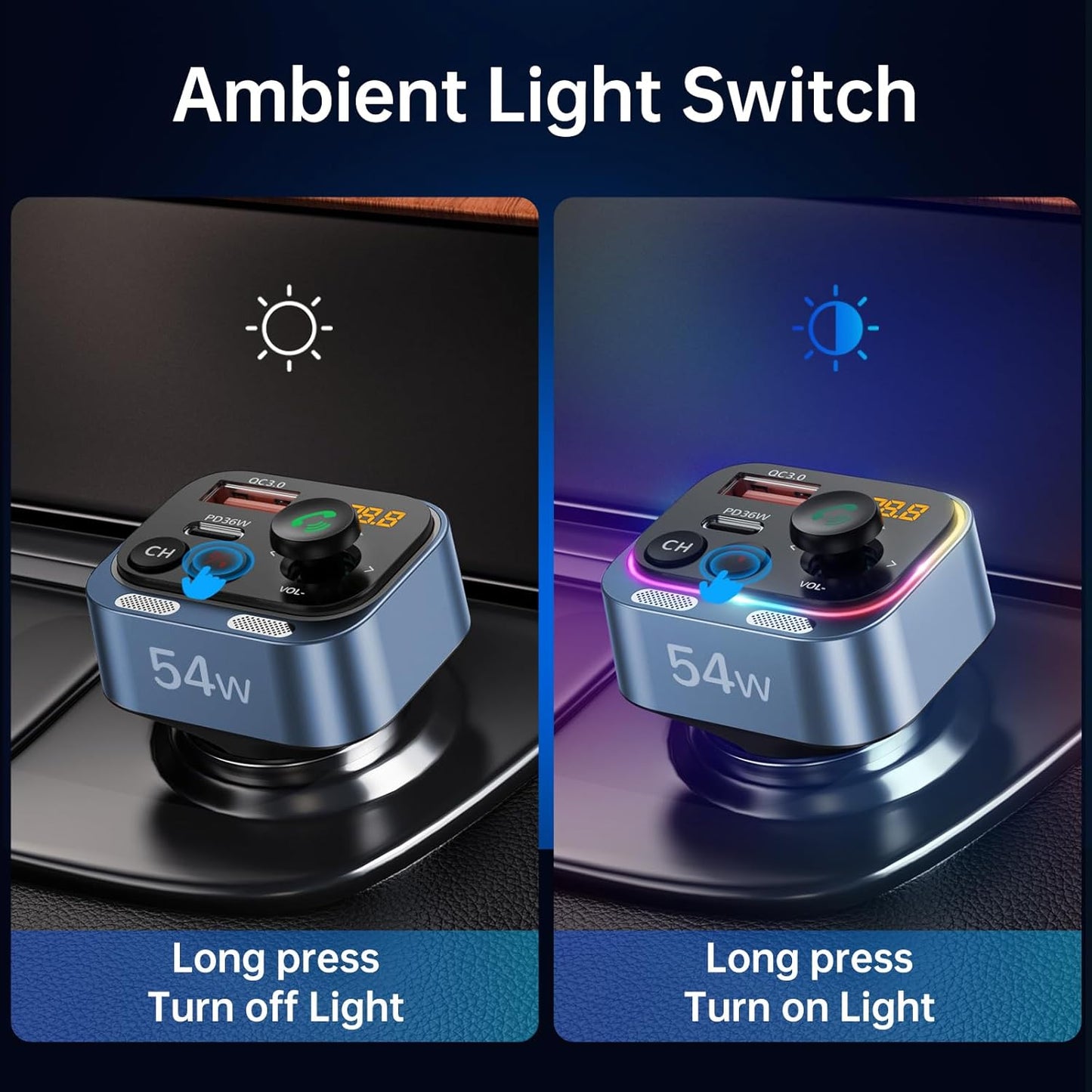 Syncwire Bluetooth 5.4 FM Transmitter Car Adapter 54W (PD 36W & 18W) [Fast Charging] [Stronger Dual Mics] [Light Switch] [HiFi Deep Bass] Wireless Radio Receiver Hands-Free Calling LED Display, Blue