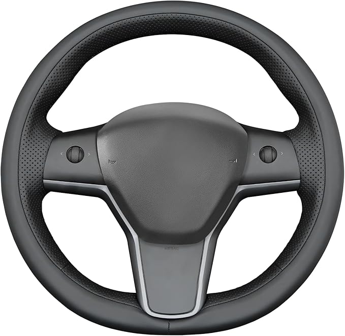 MEWANT Black Smooth Perforated Faux Leather Steering Wheel Cover for Tesla Model Y 2020-2023 Model 3 2017-2023