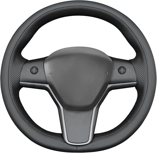 MEWANT Black Smooth Perforated Faux Leather Steering Wheel Cover for Tesla Model Y 2020-2023 Model 3 2017-2023