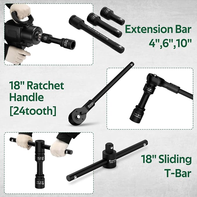 3/4 Inch Drive Impact Socket Set, 20 Pcs Metric 17mm to 55mm | Heavy Duty CR-MO Steel, 24T Ratchet Wrench, 18" Sliding T-Bar & Extension Bars, Metal Storage Case for Truck, Tractor Repair