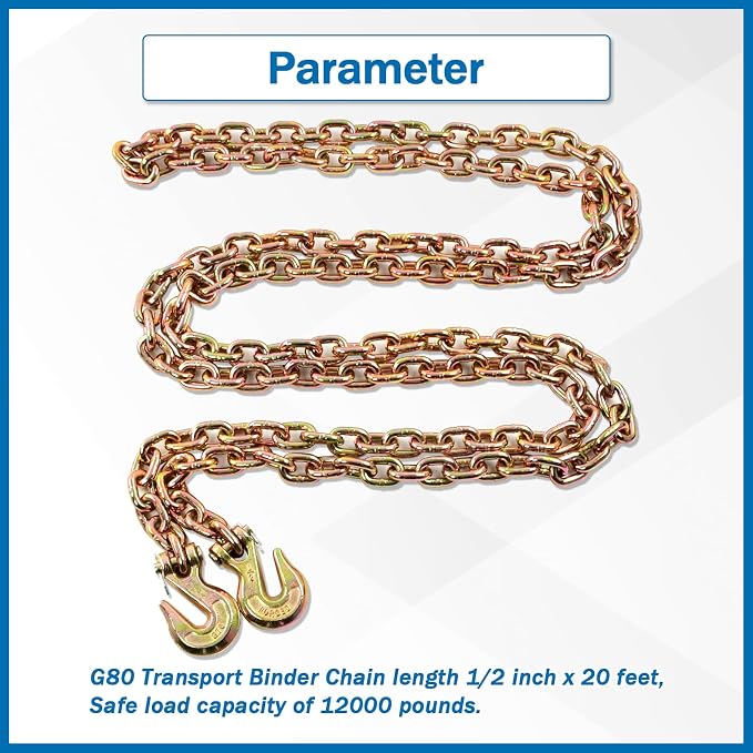 1/2 Inch x 20 Feet Transport Binder Chain G80 Safey Tow Chain with Grab Hooks 12000 Lbs Safe Work Load for Transporting Towing Tie Down Binding Equipment