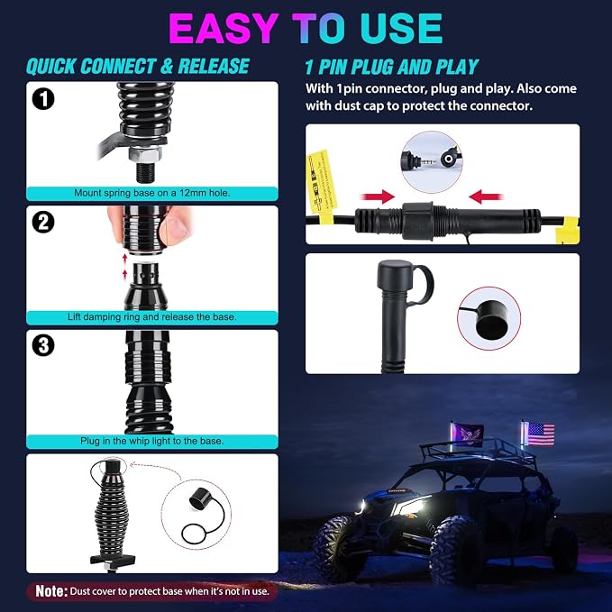 Nilight LED Whip Light 2 PC 2FT COB RGB Spiral Lighted Antenna with Spring Base, Bluetooth App & Remote Control DIY Chasing Patterns & Music Sync Safety Whips for ATV UTV RZR Polaris Can-Am Truck
