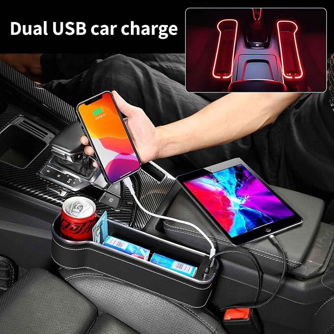 LED Car Seat Gap Filler Organizer with Fast Charger and Cup Holder - 7 Color Ambient Lights, PU Leather Storage Box for Phone/Keys/Coins (Universal Fit for SUV/Sedan)