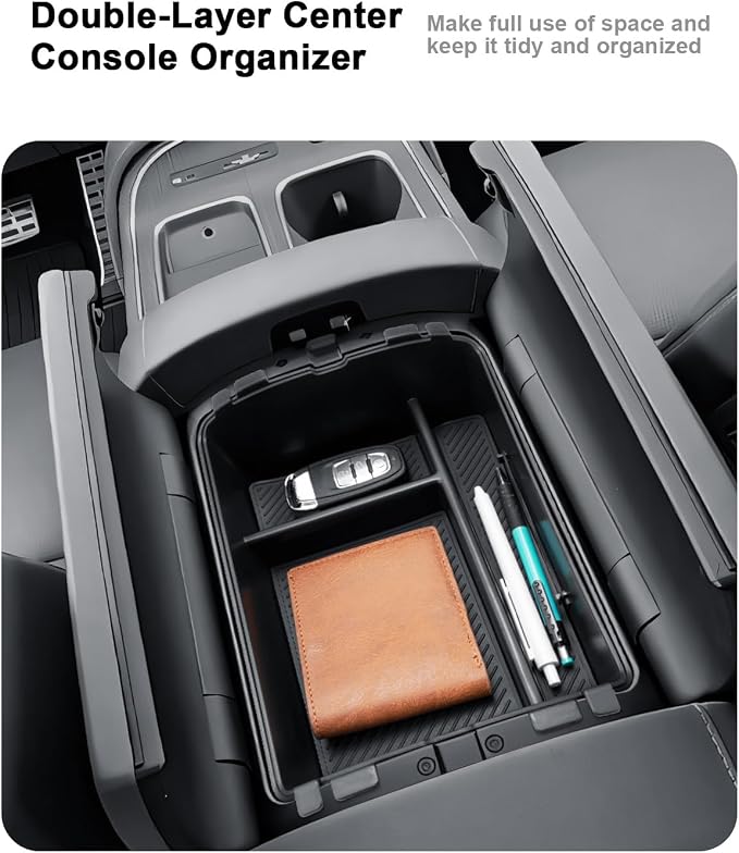 Center Console Set For 2026 Hyundai Palisade - 3 Pcs Double-Layer Armrest Box Organizer + Lower Console Tray + Cup Holder Wireless Charging Cover For 2026 Palisade Hybrid - Only Fit Calligraphy Trim