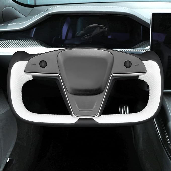 MEWANT Black White Leather Steering Wheel Cover for Tesla Model S Yoke 2021-2023 Model X Yoke Hand Stitch Steering Wrap