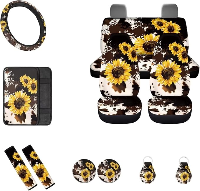 Brown Cow Sunflower Car Seat Covers 12Pcs Cow Car Accessories Interior Sets with Universal Fit Auto Steering Wheel Covers Seatbelt Pads Keychain Cup Holder Coaster for Women,Men,Fit Most Cars