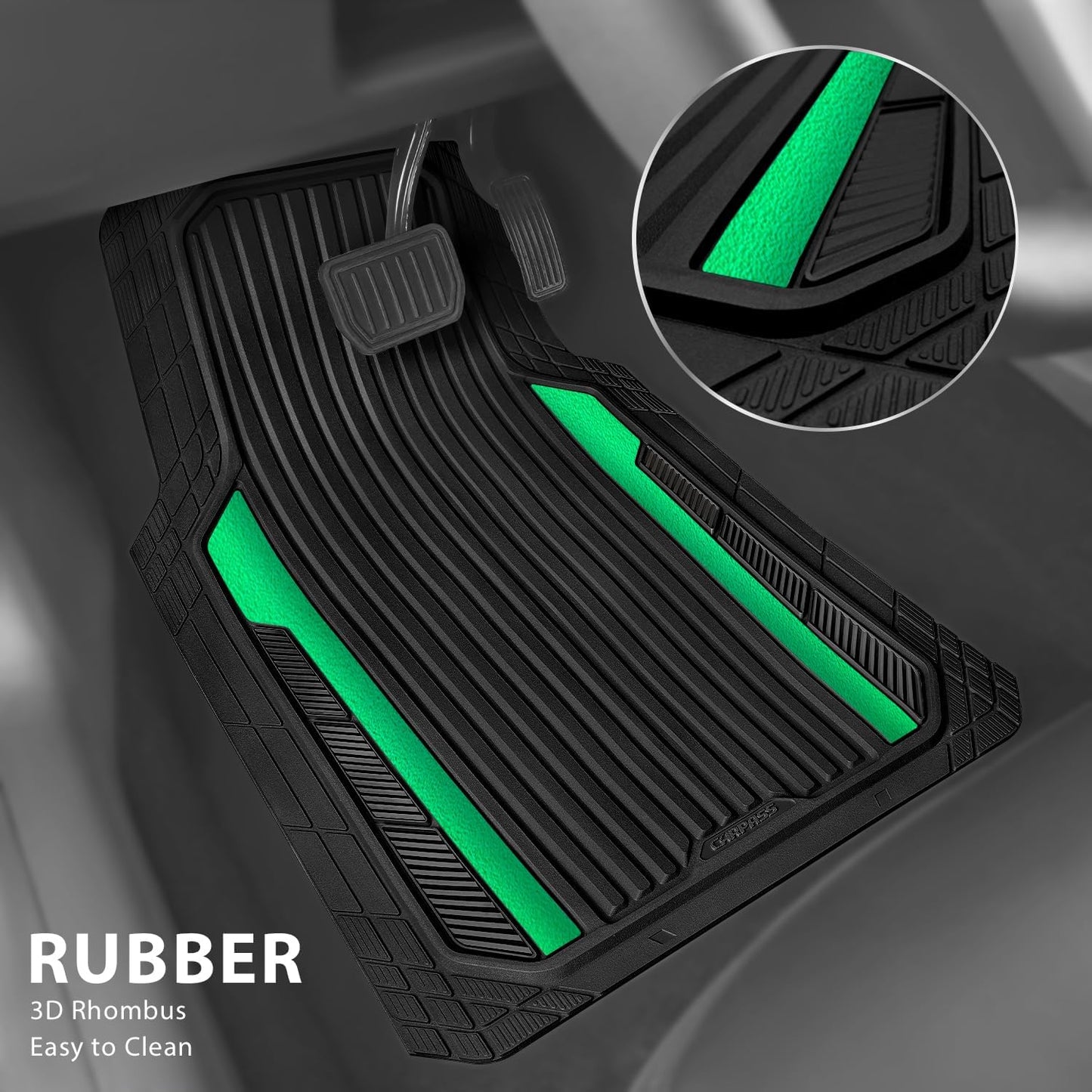 CAR PASS Heavy Duty Rubber Car Mats Metallic,Aluminum Film All Weather Floor Mats Waterproof Universal Trim to Fit SUVs Sedans Vans 4 Piece Anodized Deep Dish Two-Tone Sporty Black Green Chrome