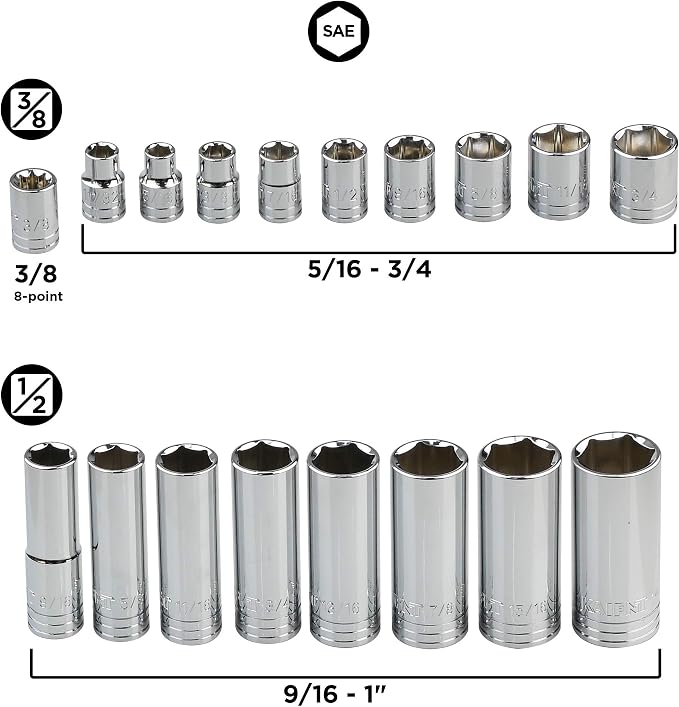 K304 Deep Combination Socket Set, 3/8-Inch & 1/2-Inch Drive, SAE/Metric, 45-Piece