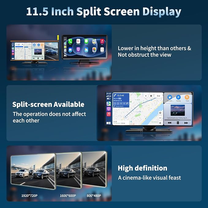 Wireless A-pple Carplay Screen for Car, Largest 11.5'' Carplay & Android Auto Car Stereo Touchscreen with 4K Dash Cam and 1080P Backup Camera,Voice Control/GPS Navigation/Mirror Link/Bluetooth/AUX/FM