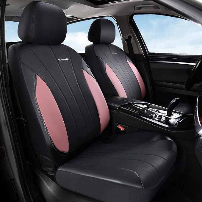 Coverado Car Seat Covers， 2 Front Seats Waterproof Nappa Leather Automotive Seat Protectors, Front Luxury Mesh Seat Covers, All-Weather Universal Fit for Most Cars SUVs, Trucks,Pink&Black