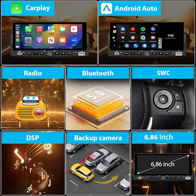 6.86 inch Single Din Car Stereo with CarPlay&Android Auto HD IPS Touchscreen Radio with Bluetooth 5.0, 720P BackupCamera with 6M Cable, Support USB Type-C Charging/USB/Microphone/FM/EQ/GPS/SWC