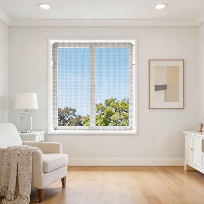 Magnetic Window Screen DIY Adjustable Window Mesh Screen Replacement Window Net Fits up to 48"x 44" White Frames with Fiberglass Mesh