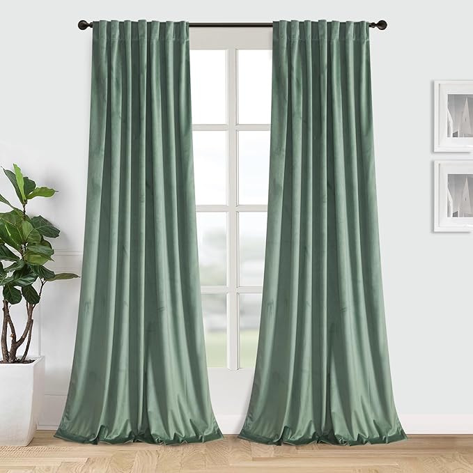 Roslynwood Luxury Soft Sage Green Velvet Curtains 108 inches Long Back Tab Thermal Insulated Blackout Window Drapes for Living Room/Bedroom/Dining Room, W52 x L108, 2 Pcs