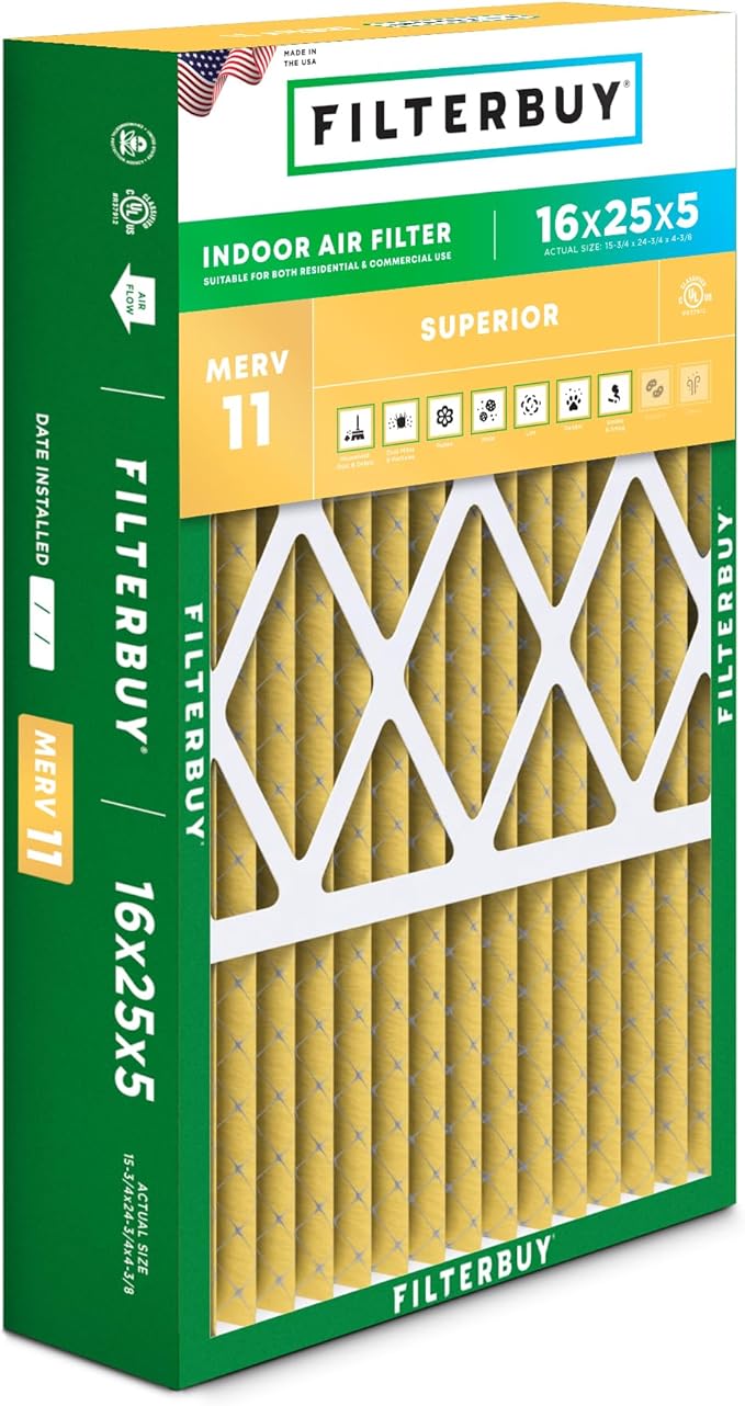 Filterbuy 16x25x5 Air Filter MERV 11 Superior Pet & Allergy Defense (1-Pack), Pleated HVAC AC Furnace Filters for Honeywell FC100A1029, Lennox X6670, and More (Actual Size: 15.75 x 24.75 x 4.38)