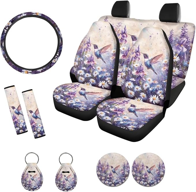 Suobstales Hummingbird Daisy Lavender Print Car Seat Covers Front Back Split Bench Protector for SUV Truck Van, 15 Inch Steering Wheel Covers, Seat Belt Covers, Coasters, Keychain for Women Men