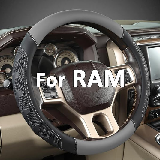 GIANT PANDA Car Steering Wheel Cover for RAM 1500 2500 3500, Compatible with Dodge RAM 15.5-16 inches - Black+Gray