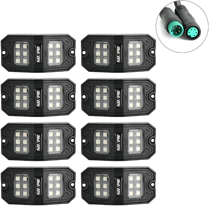 SUNPIE 8 Pods 210 Degrees Wide Angle RGBW Rock Lights Phone App Voice Mode Music Mode Automatic Control Neon Light Kit Wheel Well Lights for Off Road Truck SUV ATV UTV Boat
